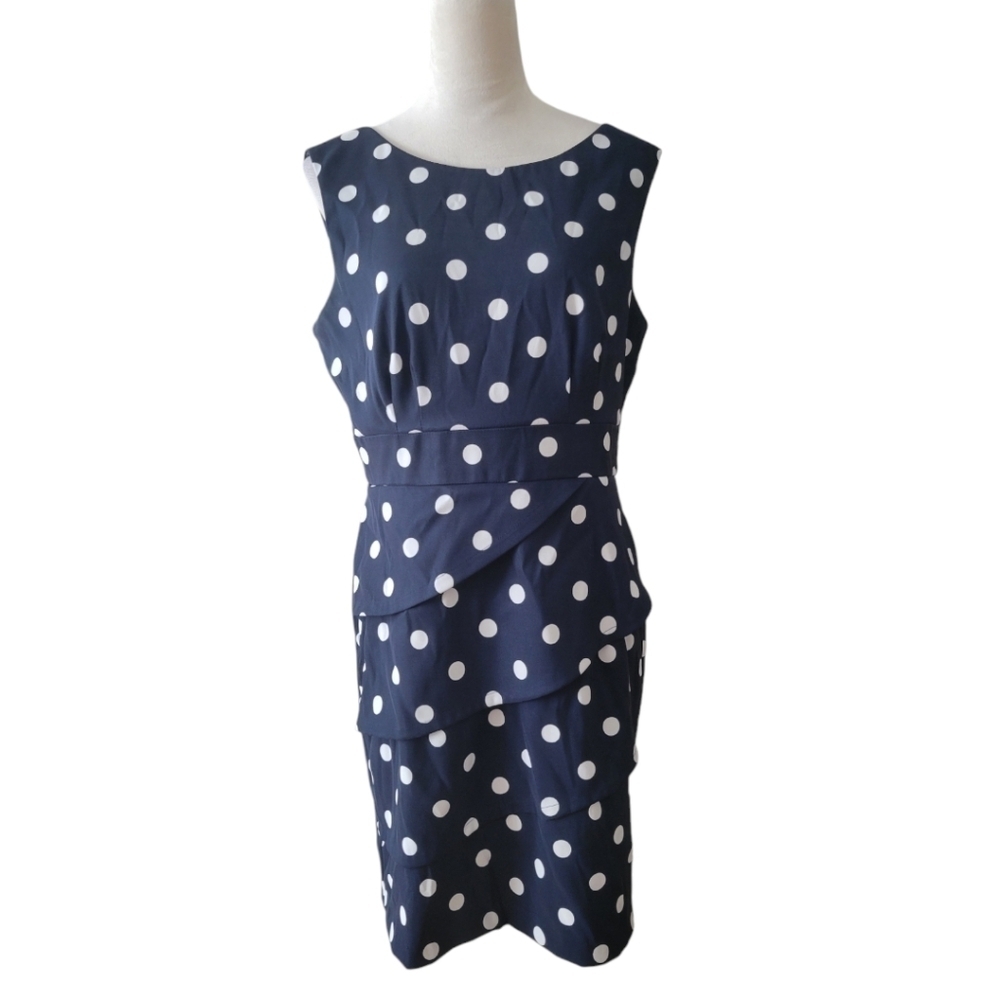 Connected‎ Navy Blue Polka Dot Sleeveless Sheath Dress Size 12